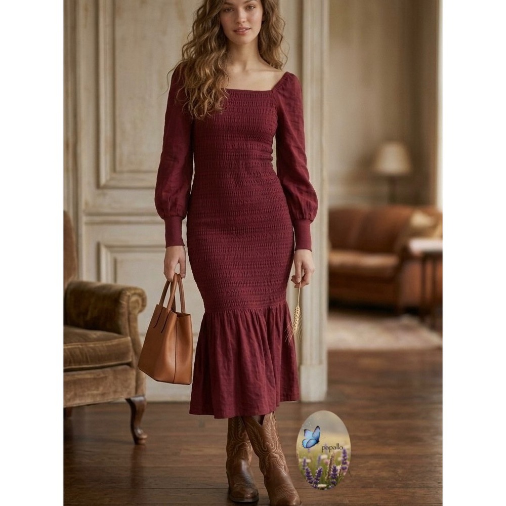 Anthropologie Smocked Puff Sleeve Midi Dress Burgundy Wine XS Mermaid Hem